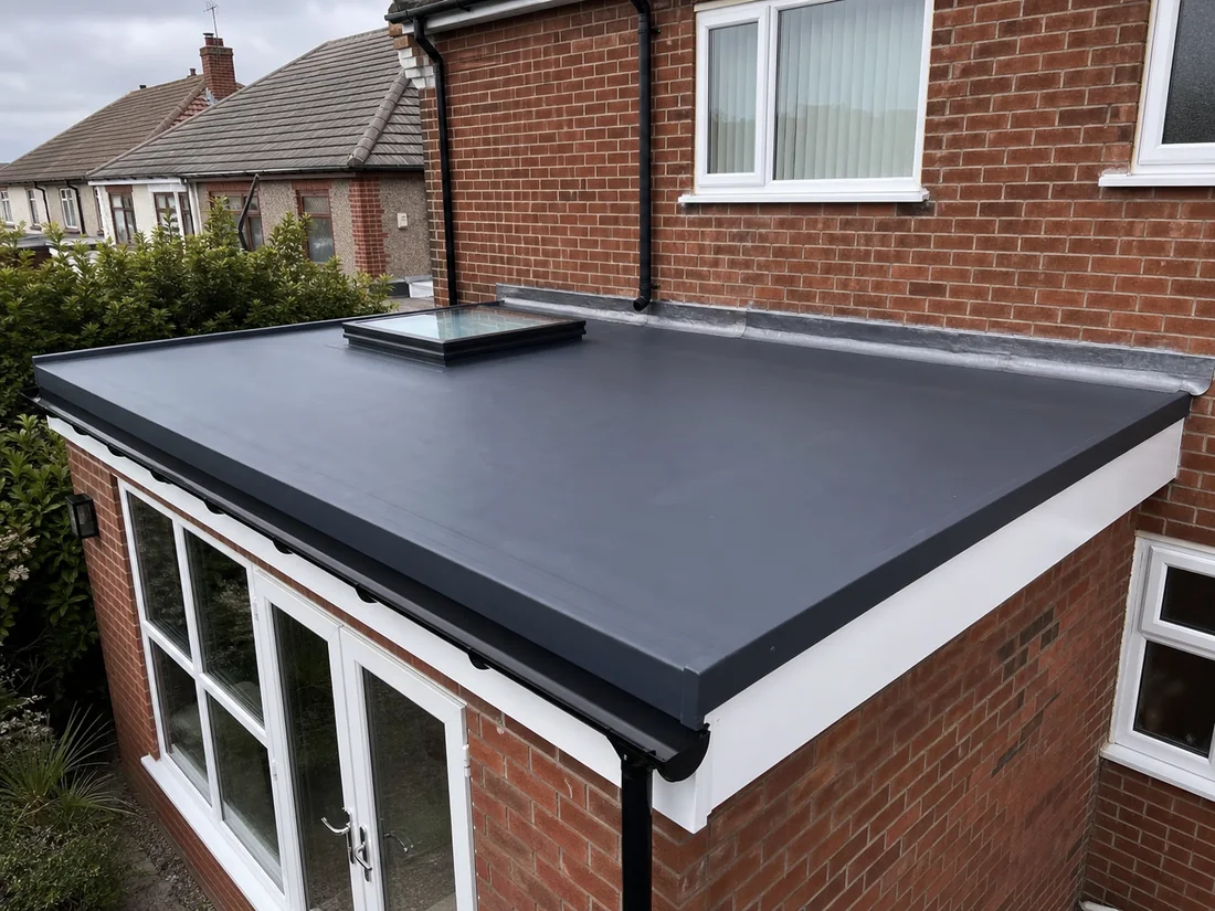 Clean new flat roof membrane on a brick home extension